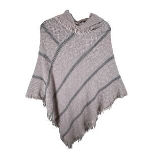 Arianna By Howard's Light Pink Gray Knit Striped Hooded Fringe Poncho Cozy OS